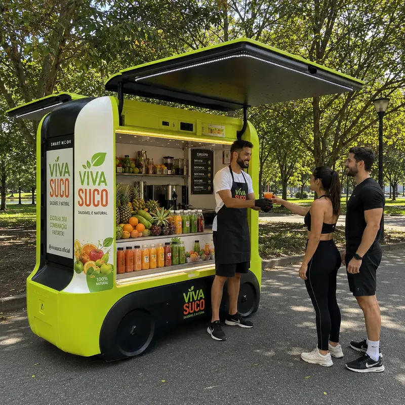 Atendente entrega suco natural a clientes em unidade verde num parque
