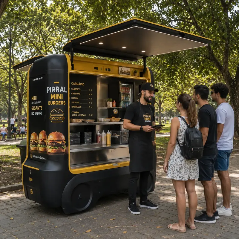 Atendente anota pedido de clientes em unidade de mini hambúrgueres num parque