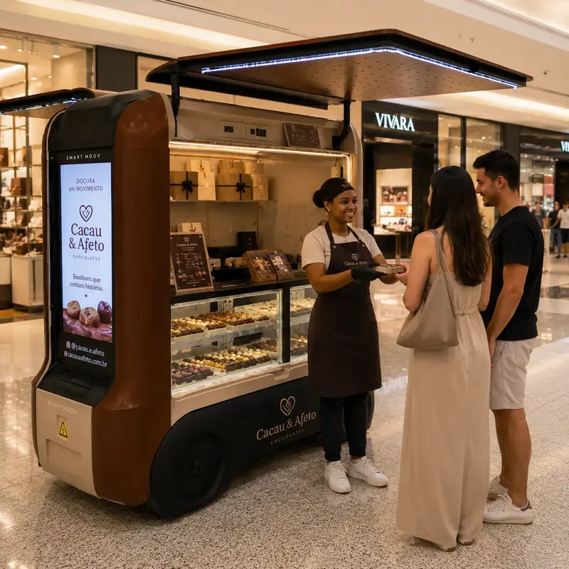 Atendente apresenta doces a um casal em unidade marrom de chocolates num shopping