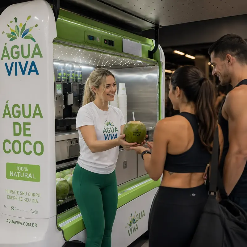 Atendente entrega água de coco a frequentadores de academia
