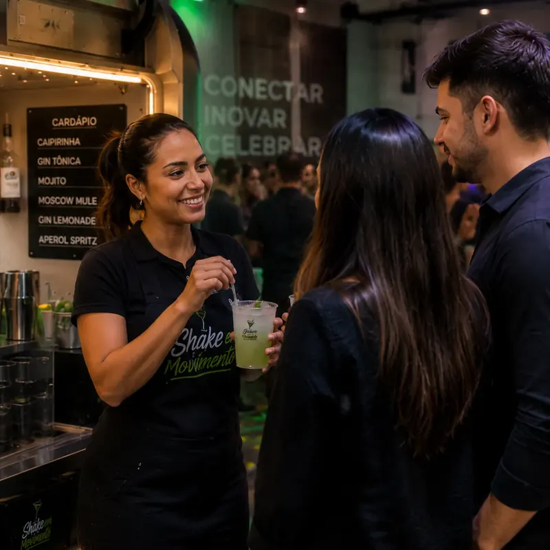 Atendente finaliza drink em copo com a marca do carrinho para um casal