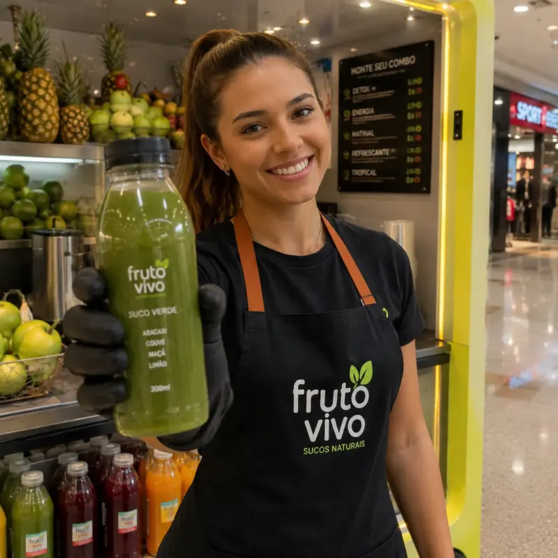 Atendente mostra garrafa de suco verde na frente de vitrine com frutas e sucos engarrafados