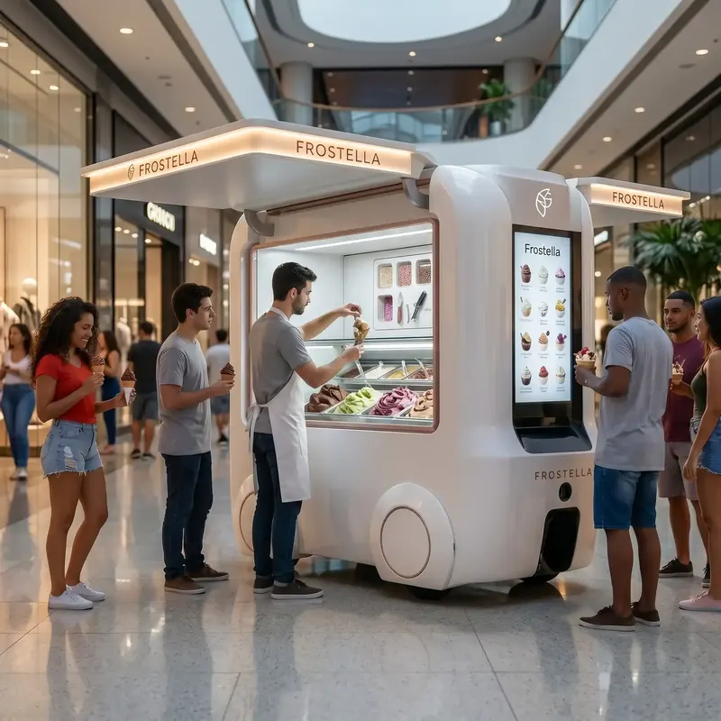 Carrinho de sorvete branco com vitrine de sabores atendendo clientes em shopping