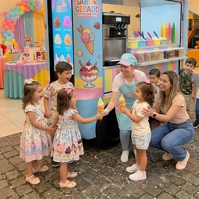 Atendente entrega casquinhas a crianças em festa infantil, com máquina de sorvete e toppings ao fundo