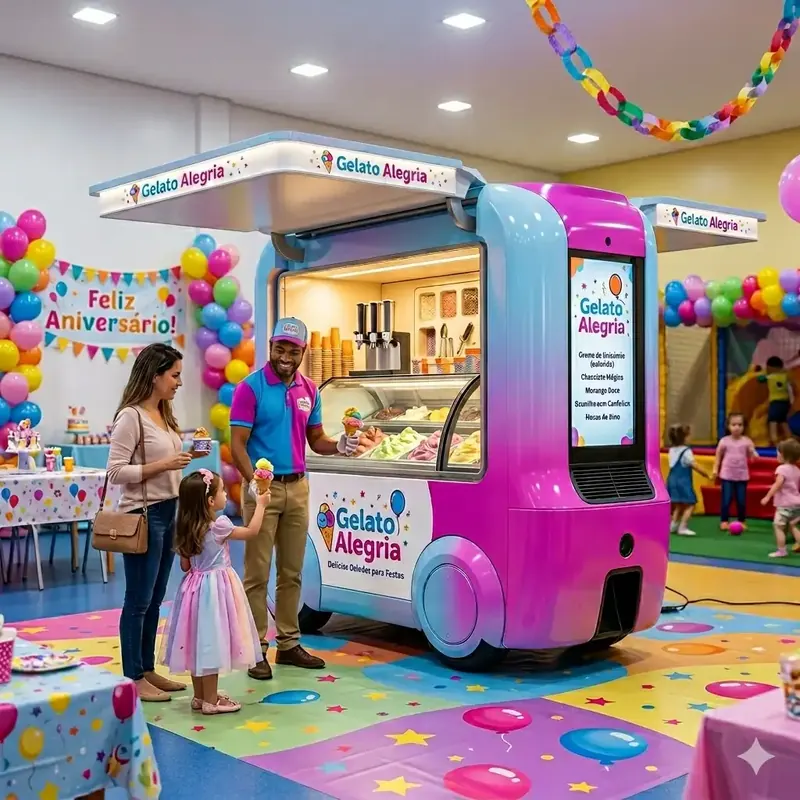 Quiosque de gelato rosa e azul servindo mãe e filha numa festa de aniversário