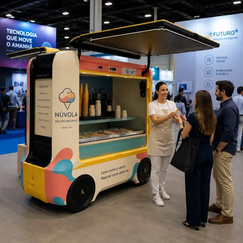 Quiosque de gelato atendendo visitantes num estande de feira de negócios