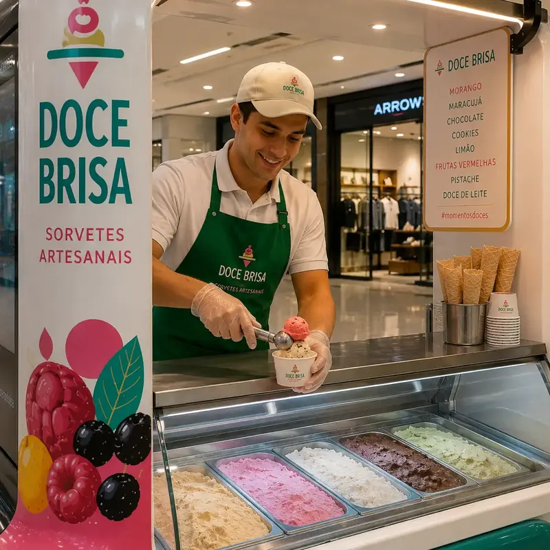 Atendente serve sorvete artesanal da vitrine de sabores com luvas e boné