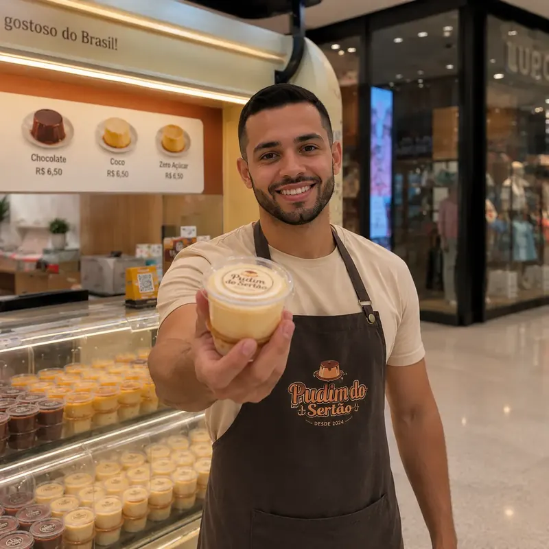 Mini food truck de pudim com vitrine refrigerada atendendo casal em shopping