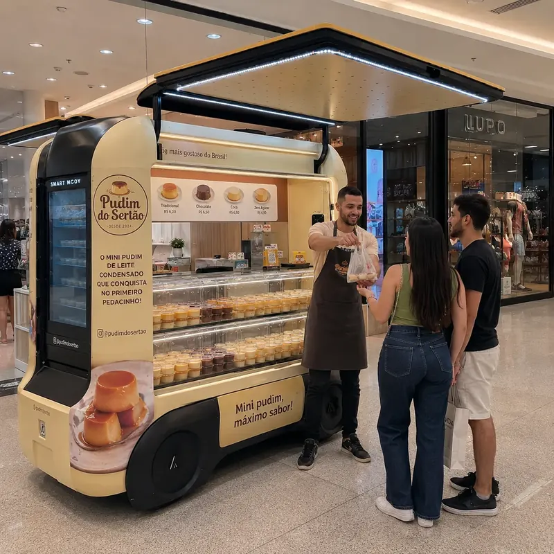 Atendente entrega mini pudins a um casal em carrinho Pudim do Sertão no shopping