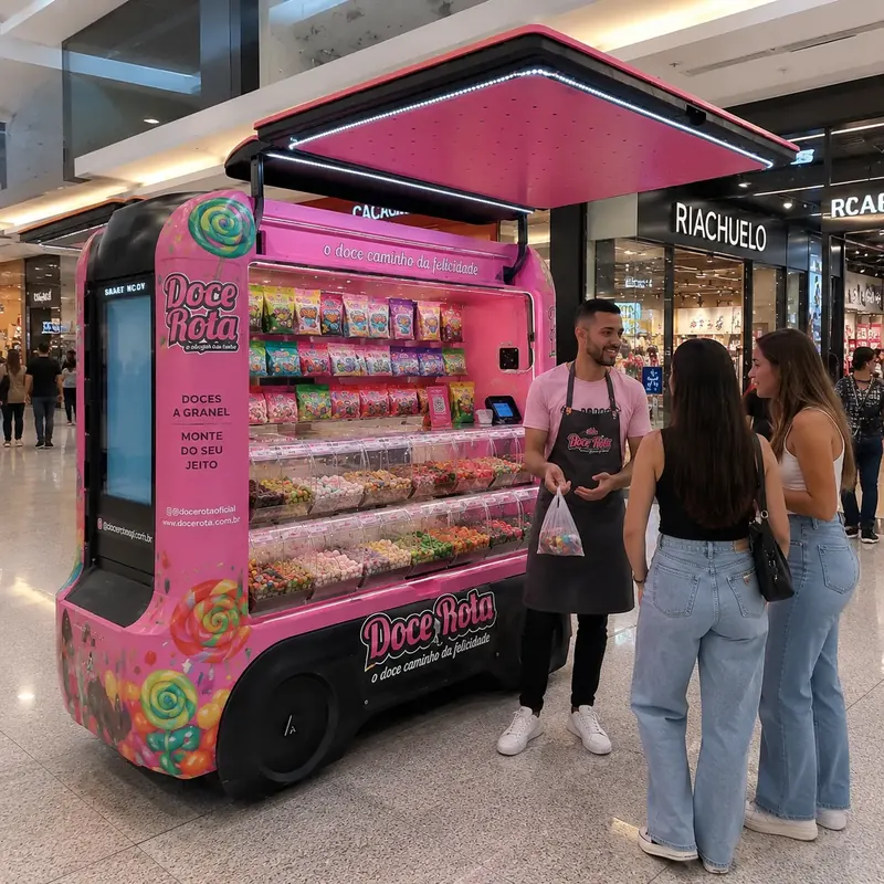 Carrinho rosa de doces a granel atendendo duas clientes no shopping