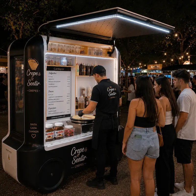 Crepeiro prepara crepe na chapa enquanto clientes esperam em feira noturna
