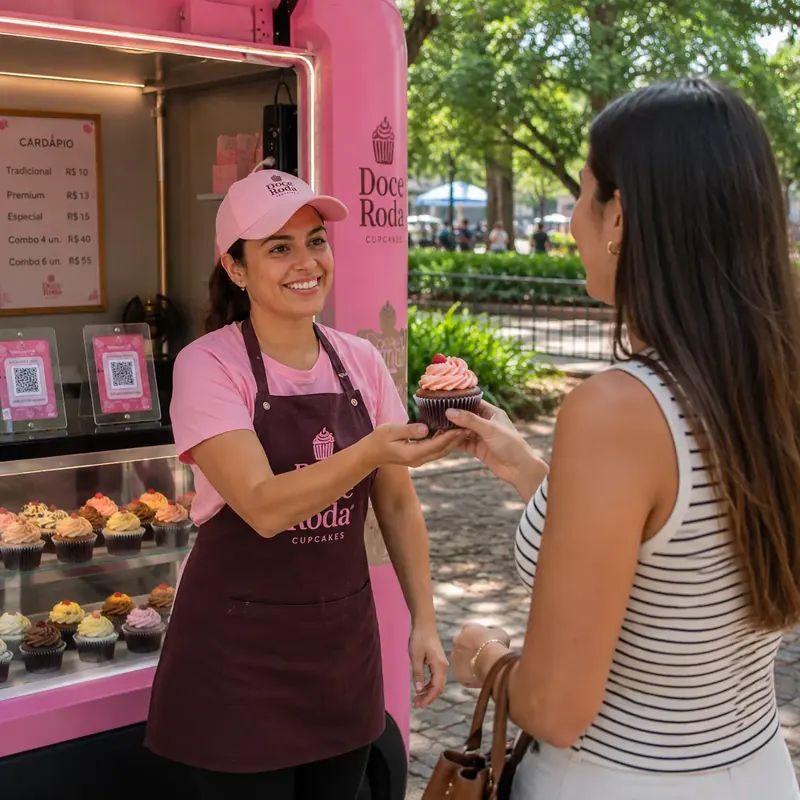 Atendente entrega cupcake a uma cliente na frente da vitrine do carrinho Doce Roda