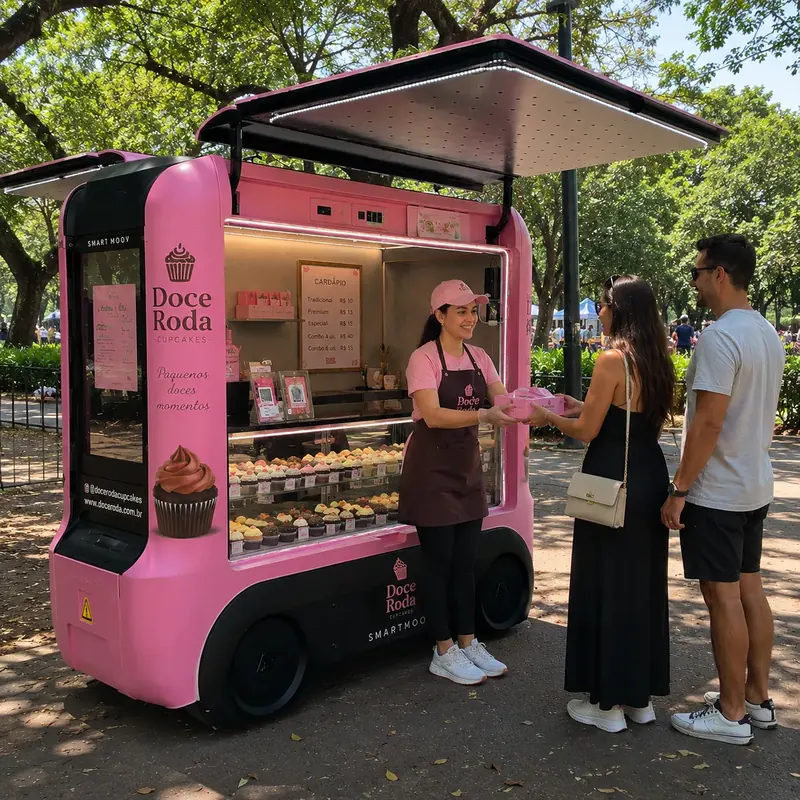 Carrinho rosa de cupcakes atendendo um casal num parque