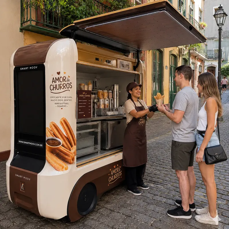 Atendente entrega cone de churros a um casal em carrinho Amor de Churros na rua