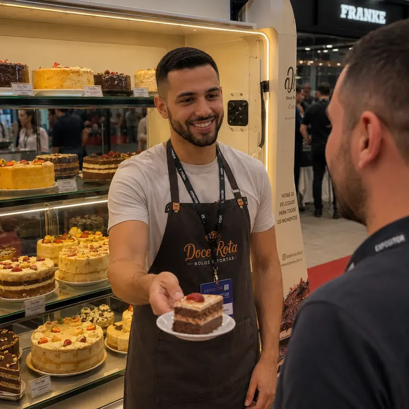 Confeiteiro oferece fatia de bolo na frente da vitrine de bolos e tortas