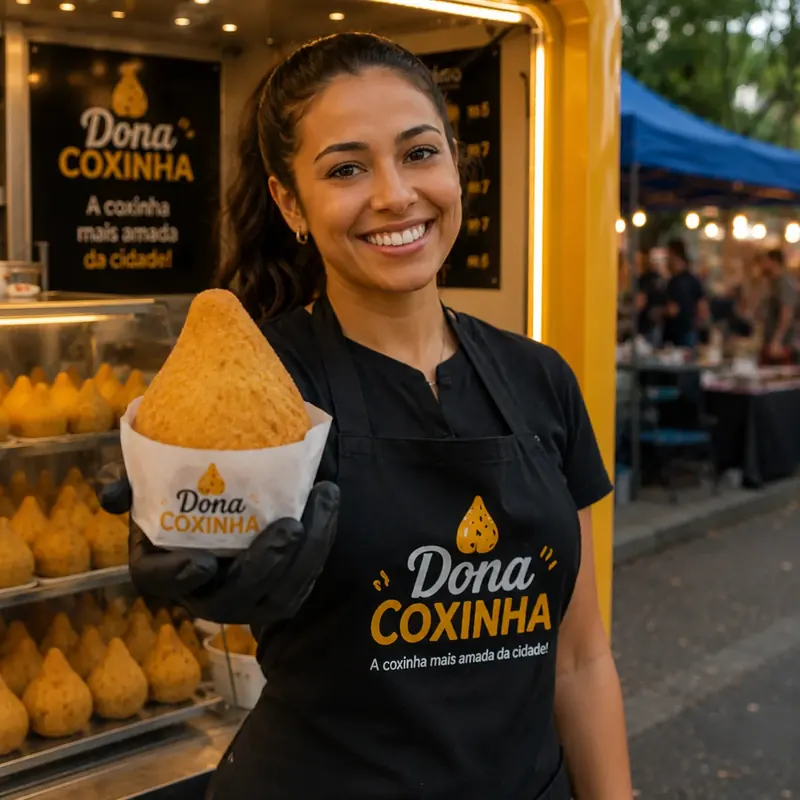 Atendente sorri e oferece uma coxinha na frente do carrinho Dona Coxinha em feira