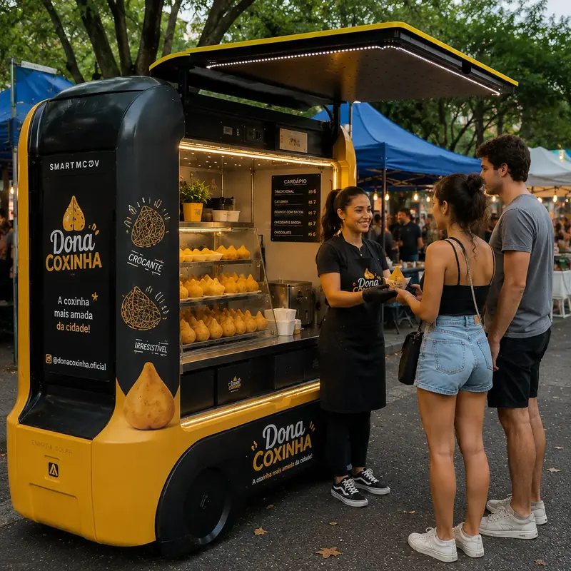 Carrinho amarelo Dona Coxinha com vitrine cheia atendendo clientes em feira de rua