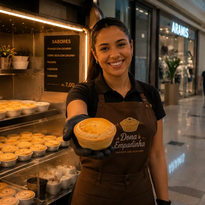 Atendente mostra uma empadinha na frente da vitrine com sabores e preço