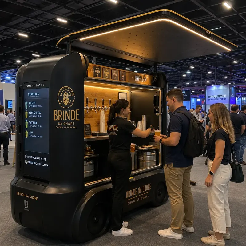 Carrinho de bebidas de marca atendendo visitantes em feira de negócios