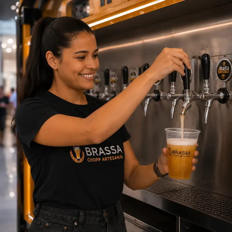 Atendente sorridente tira chopp em torneira de carrinho elétrico