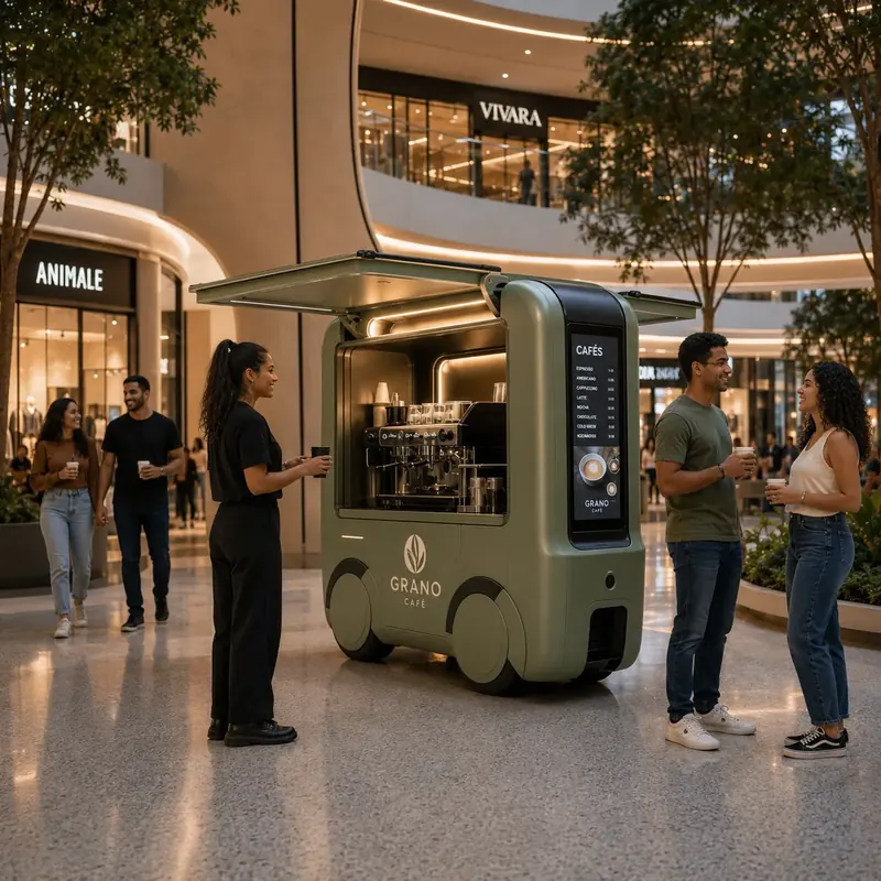 Barista conversa com clientes em mini food truck de café verde num shopping