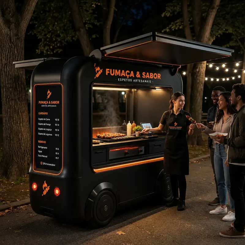 Atendente serve espetinhos na chapa de um food tuk preto em evento noturno