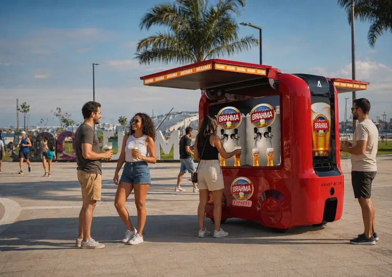 Unidade Smart Moov vermelha em orla turística com pessoas conversando