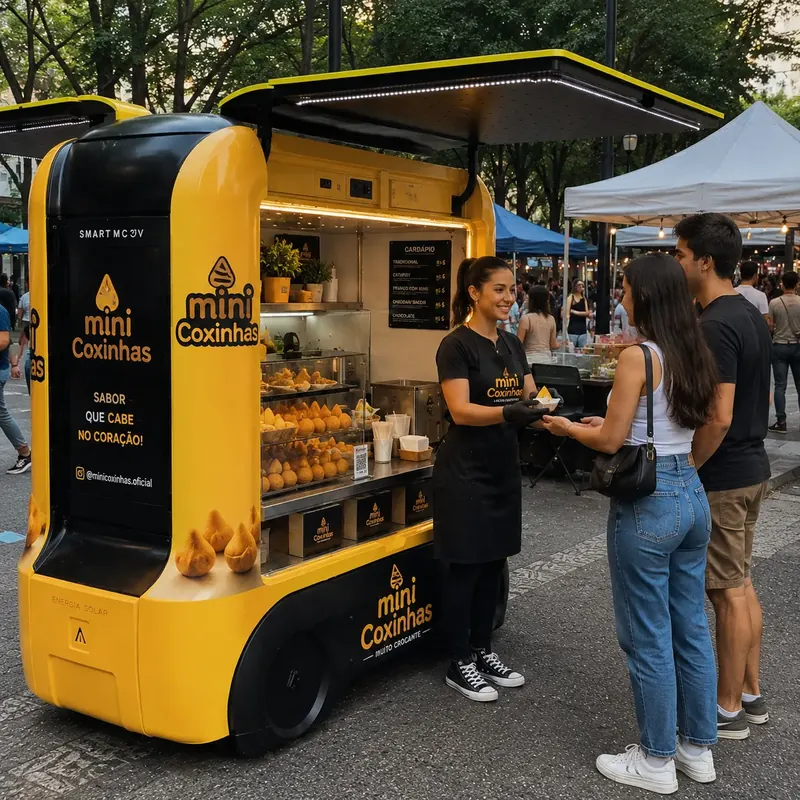 Atendente entrega mini coxinhas a clientes em um food tuk amarelo numa feira de rua