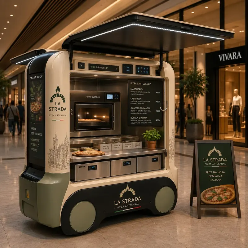 Smart Moov de pizzaria com forno embutido e cardápio em cavalete num shopping