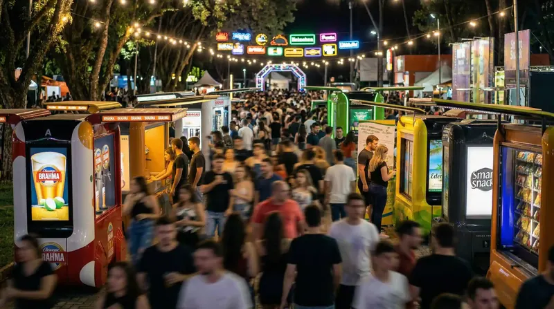 Feira noturna com várias unidades Smart Moov acesas e público circulando