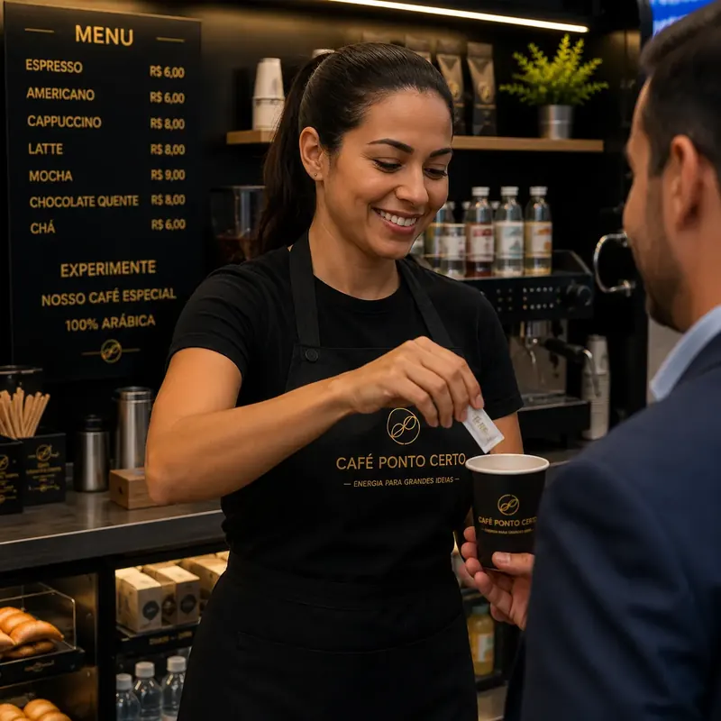 Barista entrega café em copo de papel com cardápio de preços e vitrine de pães atrás