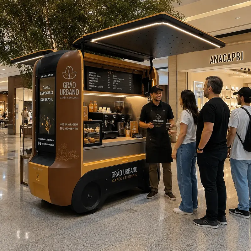 Quiosque de cafés especiais preto e dourado com fila de clientes num shopping