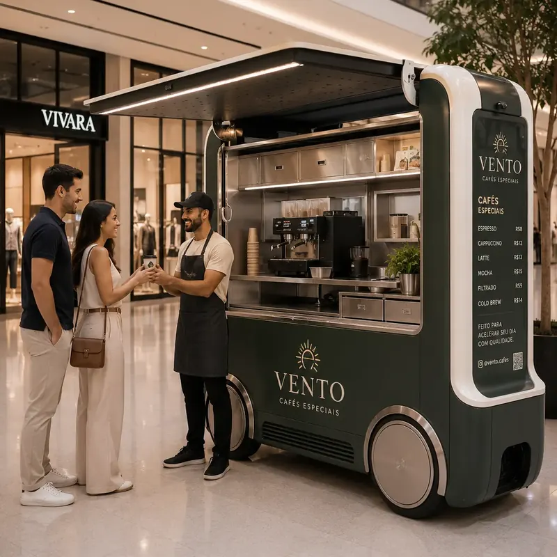 Barista atende um casal em quiosque de cafés especiais verde e branco num shopping