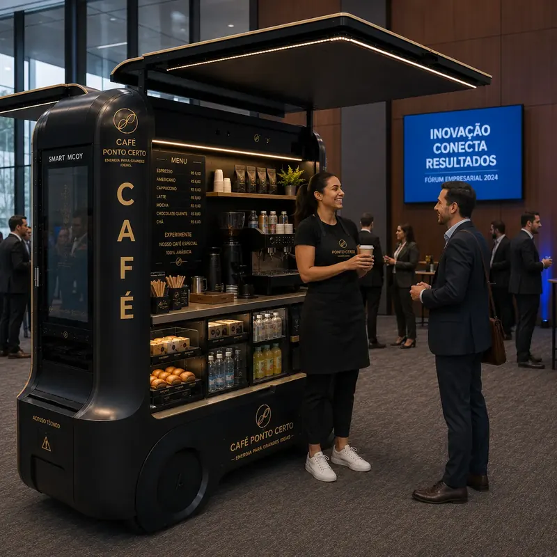 Barista atende executivos em quiosque de café num fórum empresarial