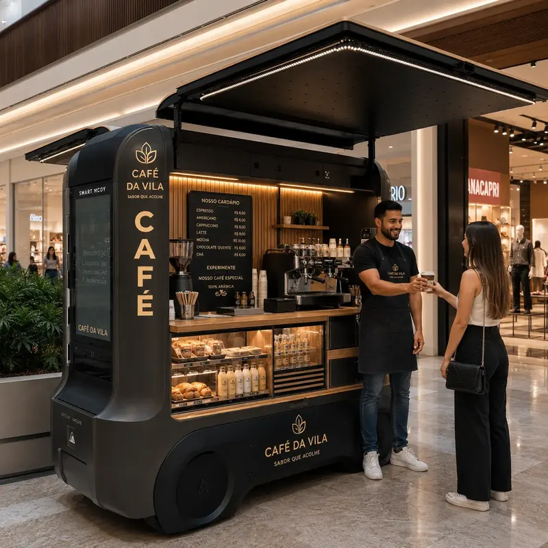 Barista entrega café a uma cliente em quiosque de cafeteria preto e madeira dentro de um shopping
