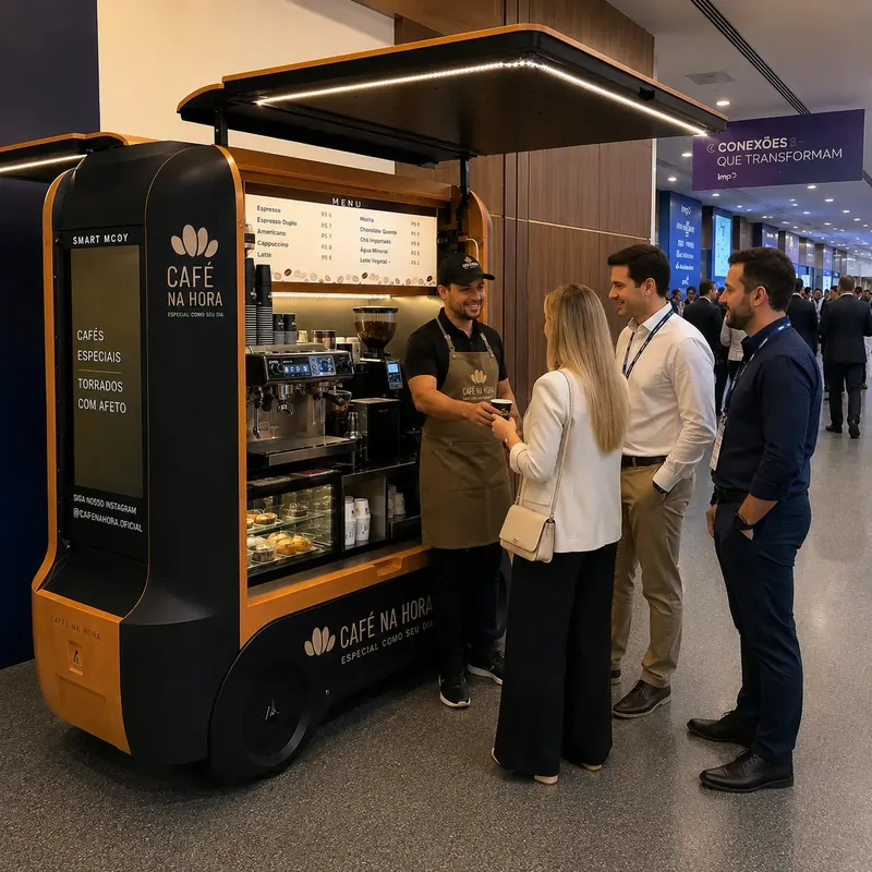 Quiosque de café atendendo visitantes de crachá num congresso