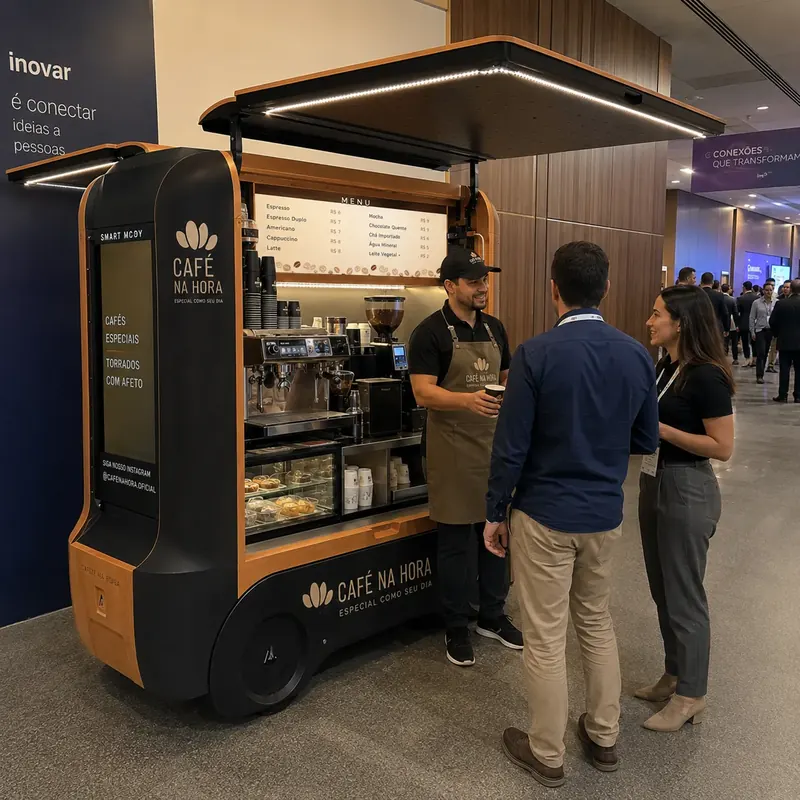 Barista serve café a participantes com crachá num evento corporativo