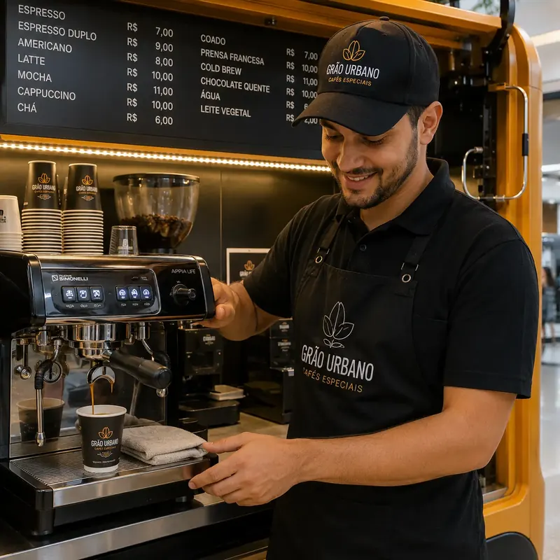 Barista tira espresso na máquina com cardápio de cafés e preços ao fundo