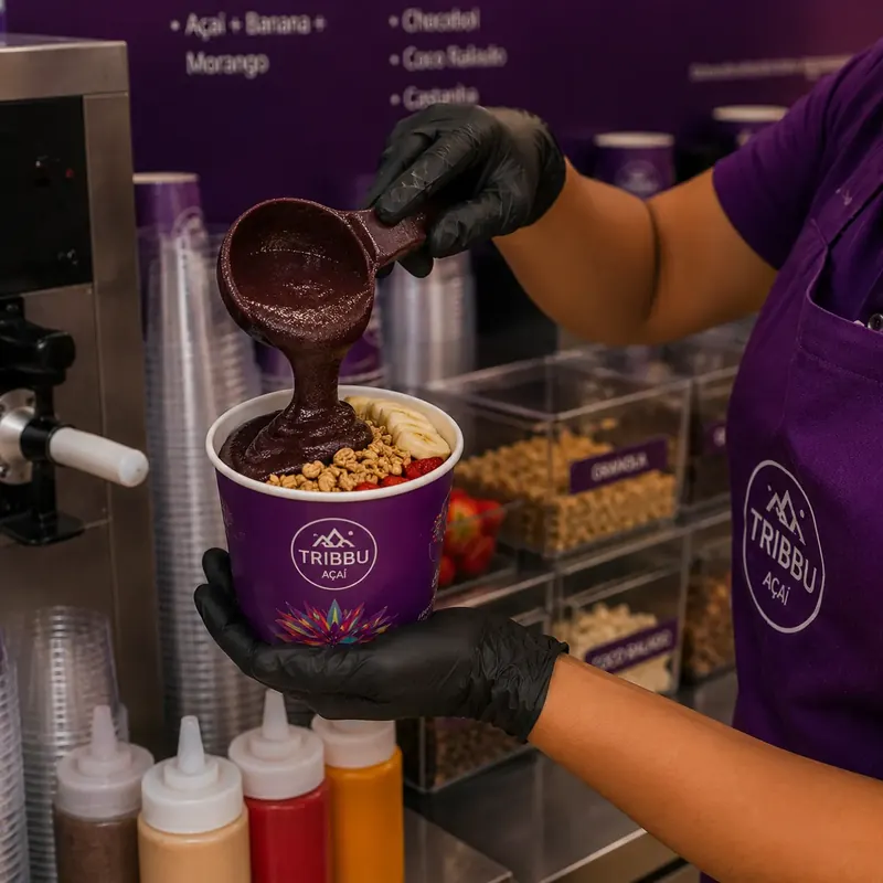 Atendente coloca calda sobre um copo de açaí com granola
