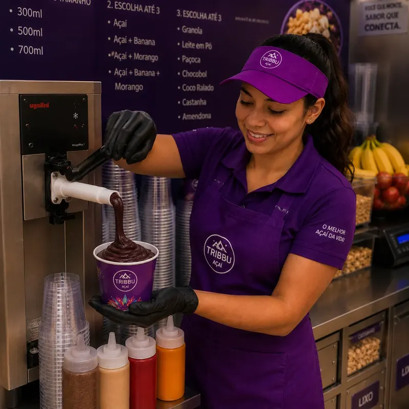 Atendente de luvas enche um copo de açaí na máquina, com cardápio de tamanhos ao fundo