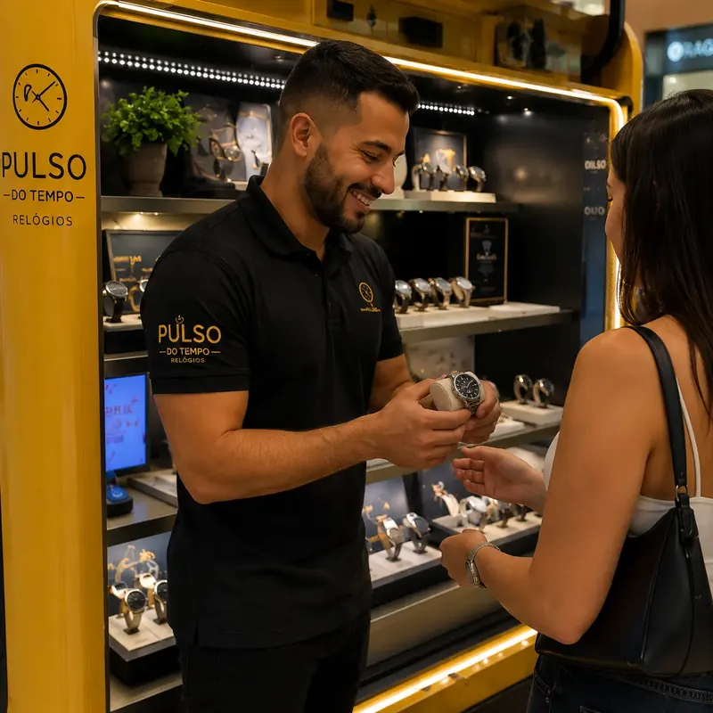 Vendedor mostra relógio a cliente diante de vitrine iluminada