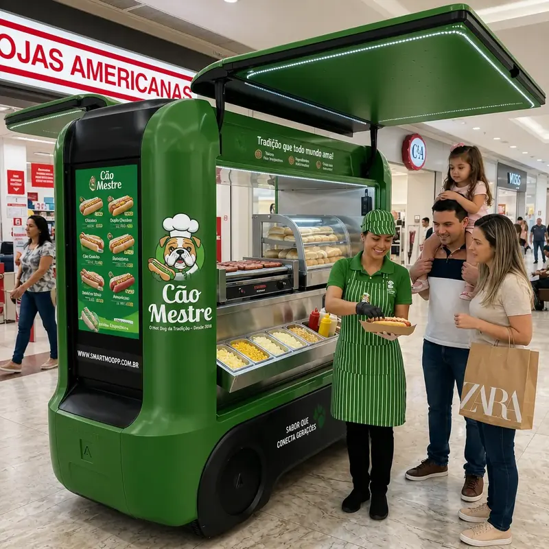 Atendente serve cachorro-quente a uma família em carrinho verde Cão Mestre no shopping