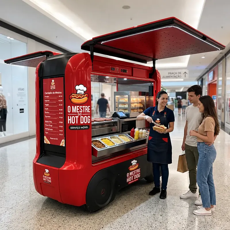 Carrinho vermelho O Mestre do Hot Dog com estufa de pães e cubas de acompanhamento no shopping