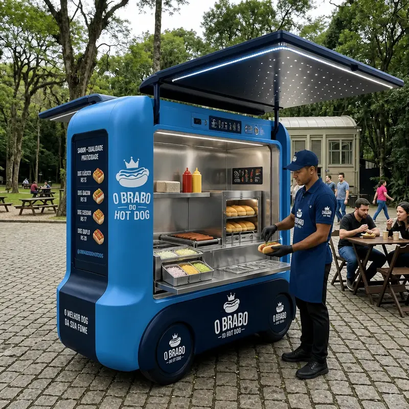 Atendente monta hot dog num mini food truck azul com cubas de toppings em praça