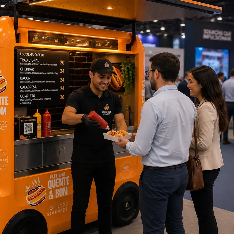 Atendente coloca ketchup no cachorro-quente de um cliente, com cardápio de sabores ao fundo