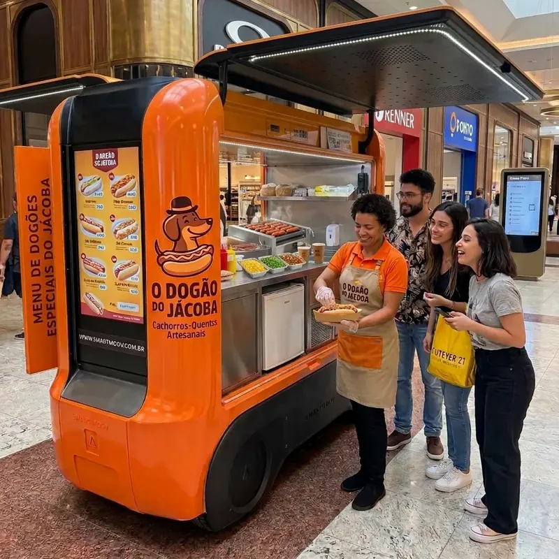 Atendente prepara cachorro-quente para clientes em carrinho laranja O Dogão do Jácoba no shopping