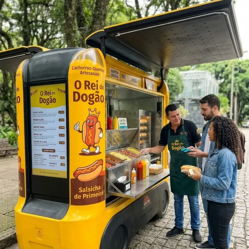 Cliente segura cachorro-quente enquanto paga no cartão, com cubas de milho e batata palha no balcão