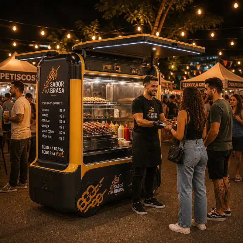 Atendente serve espetinhos a clientes em mini food truck numa feira noturna