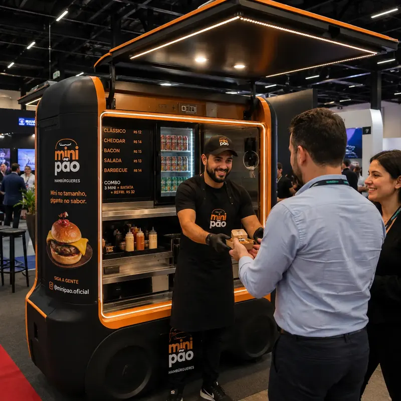 Atendente entrega hambúrguer a cliente em mini food truck preto e laranja numa feira