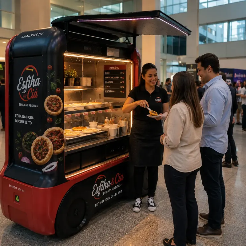 Atendente serve esfihas a clientes em mini food truck vermelho e preto